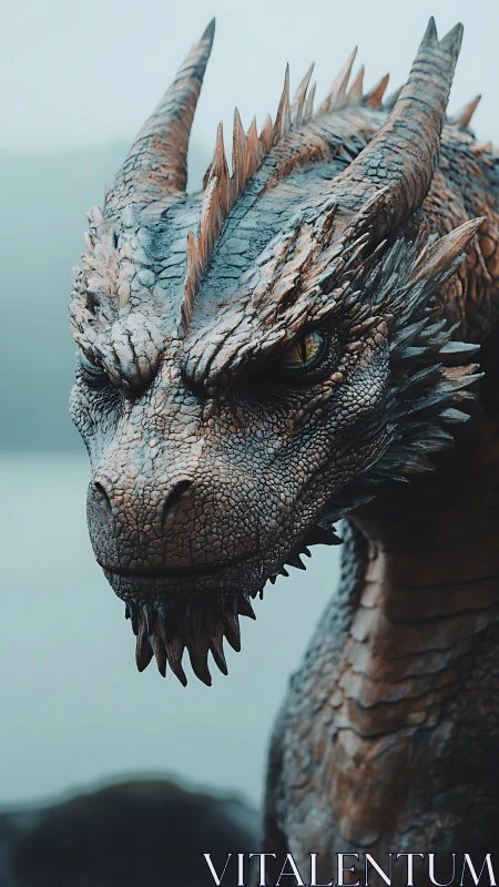 Resolute dragon gazes calmly across a misty shoreline