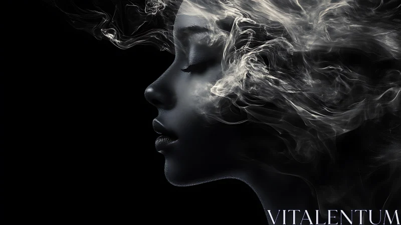 Profile of female face merging with swirling smoke forms.