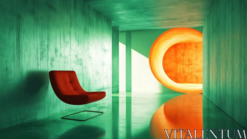 Minimalist Interior with Glowing Orange Portal and Red Chair.