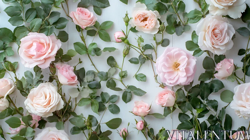 Layered Rose Composition with Eucalyptus Foliage Against White Textured Surface