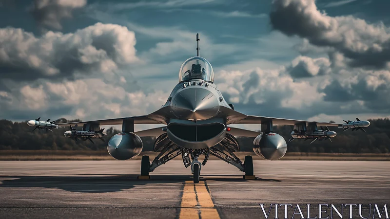 Modern fighter jet readies for action on dramatic runway.