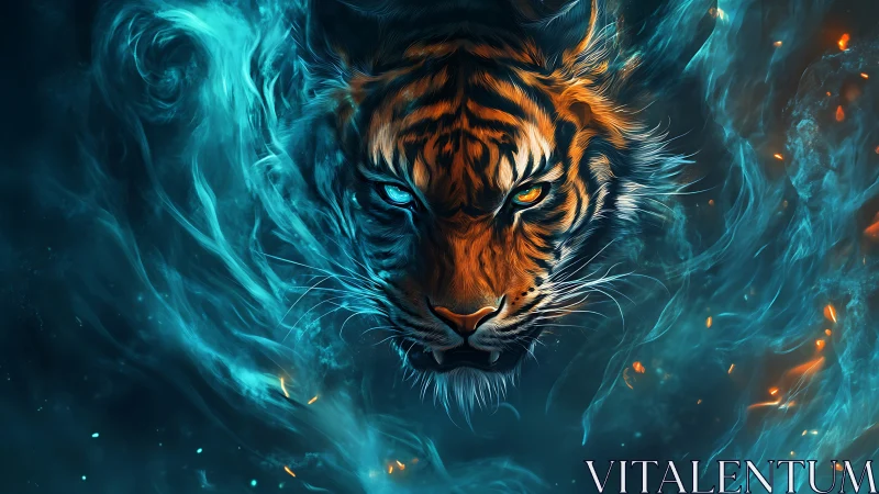 Bifurcated elemental tiger face emerges from cyan fire vortex