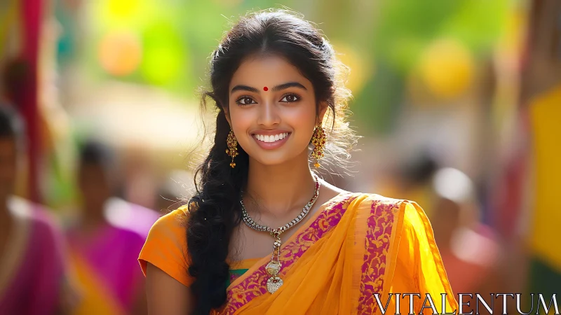 Young woman in vibrant sari under shallow depth-of-field lighting