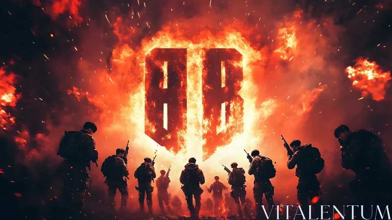 Soldiers advance toward central flaming emblem in battlefield scene