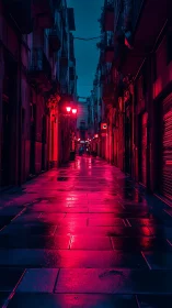 Neon lit narrow street with wet pavement at nighttime.
