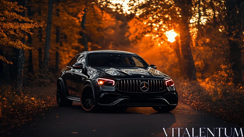 Black Mercedes SUV on forest road in low autumn sunlight.