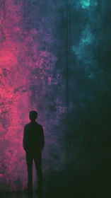 Silhouetted dreamer bathed in soft neon pink and teal glow.