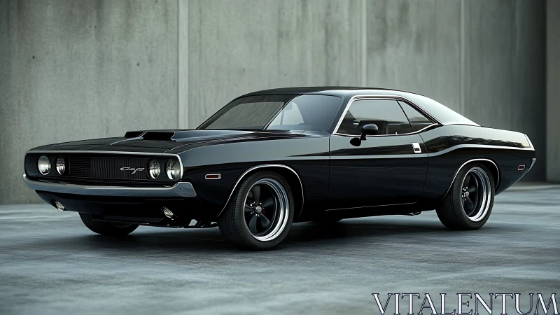 Black classic muscle car sits in a minimal concrete setting