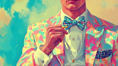 Male figure in patterned suit adjusting multicolored bow tie.