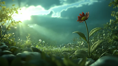 Lone crimson daisy greets stormlit sunrise on dewy meadow