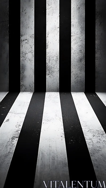 Black and white striped industrial room with rough walls.
