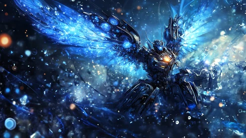 Celestial mech angel erupting in luminous blue shards.