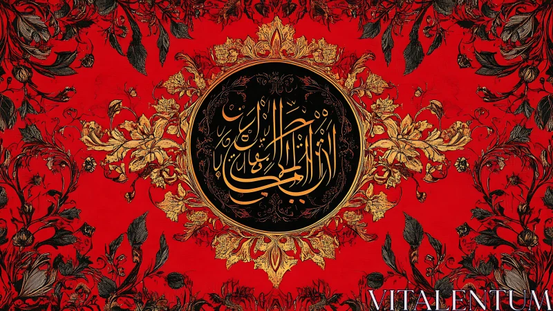 Radial Arabic calligraphy medallion framed by baroque floral arabesques