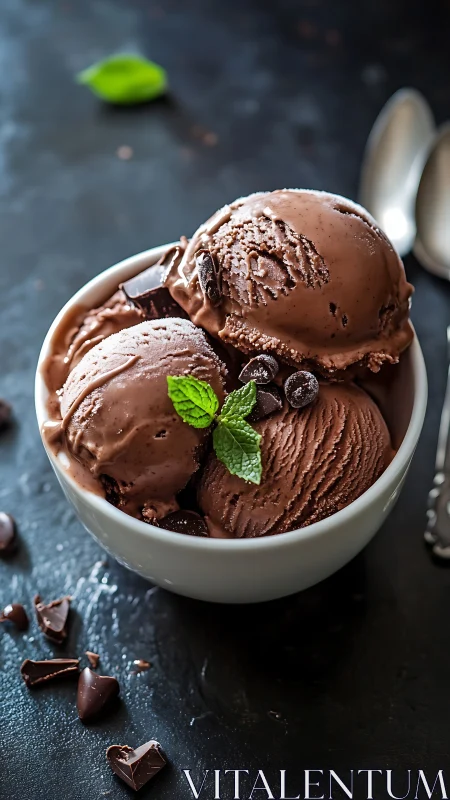 Gourmet chocolate ice cream scoops in bowl under moody light