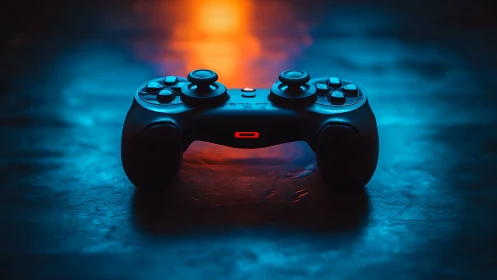 Gaming Nexus: Blue-Lit Controller Throne Glows Against Molten Backdrop.