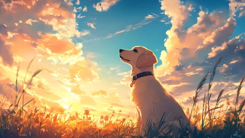 Golden dog in sunset field under vivid glowing sky.