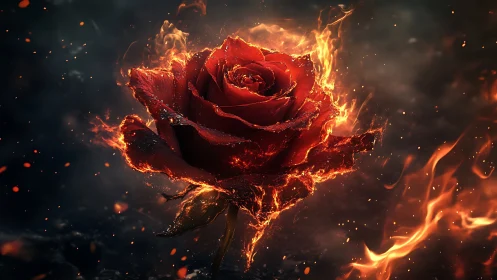 Fiery crimson rose engulfed in sparks and swirling embers.