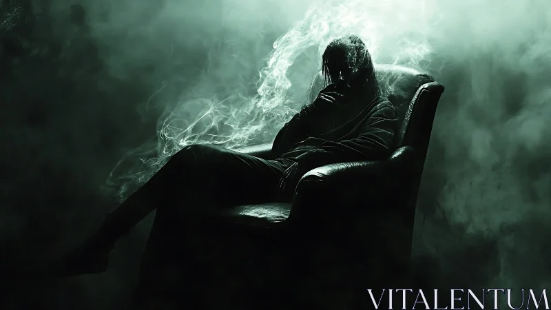 Silhouetted figure in leather armchair shrouded in green smoke