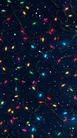Multicolored string lights on dark blue starry background.