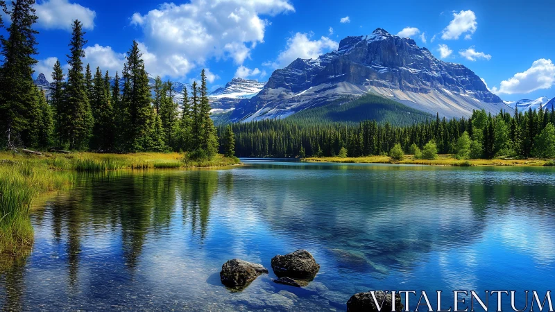Glacial alpine lake with conifer forest and stratified massif.