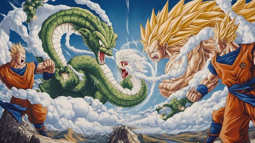 Superpowered fighters confront green dragon amid swirling clouds