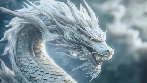 Coiled white dragon rendered with detailed scales and fur texturing