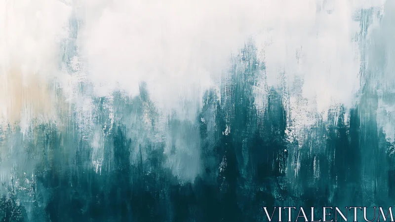 Abstract teal and white landscape painting with textured brush strokes.