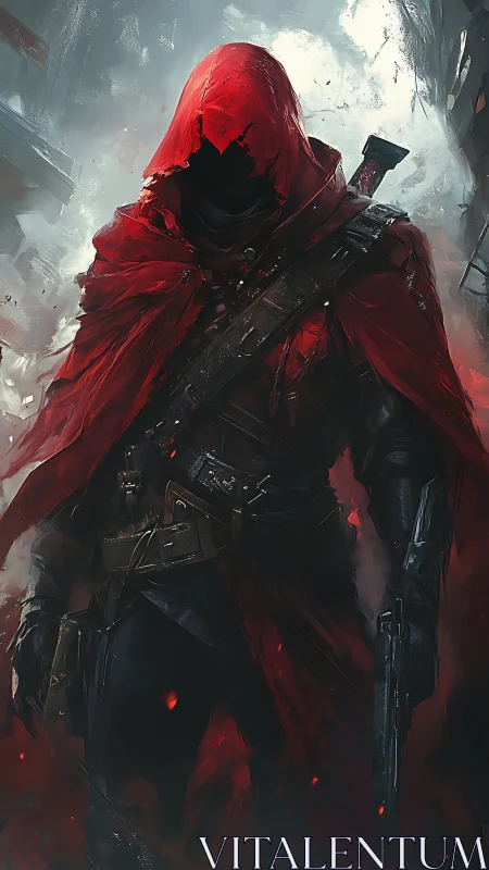 Hooded figure in red cloak stands armed in smoky ruins