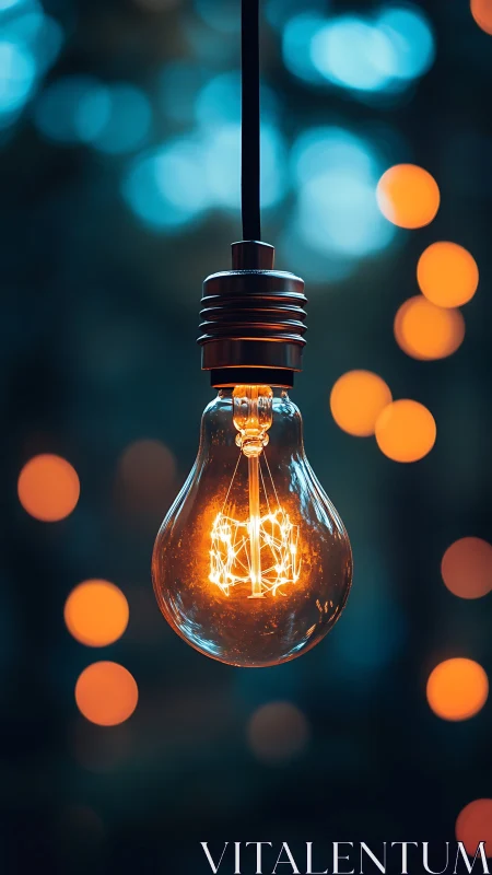 Glowing hanging lightbulb casting cozy bokeh warmth.