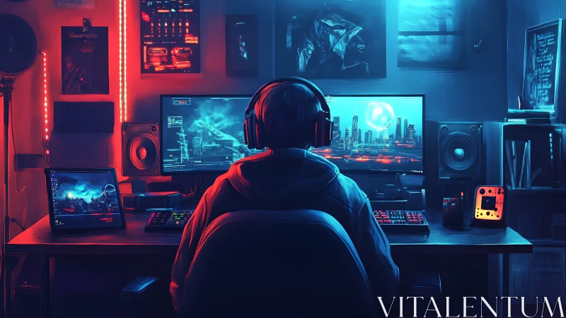 Night gamer immersed in neon-lit cyberpunk battlestation