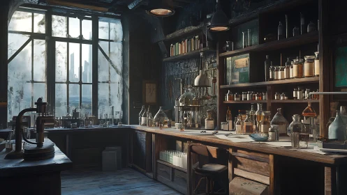 Vintage chemistry lab interior with frosted city window.
