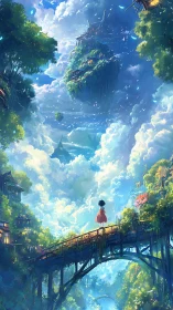 Floating sky islands above lush bridge and solitary figure