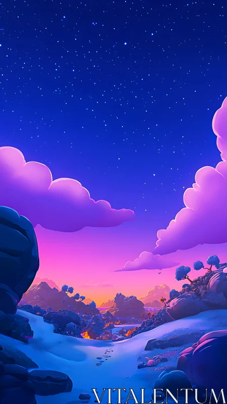 Stylized twilight valley landscape under star-filled sky
