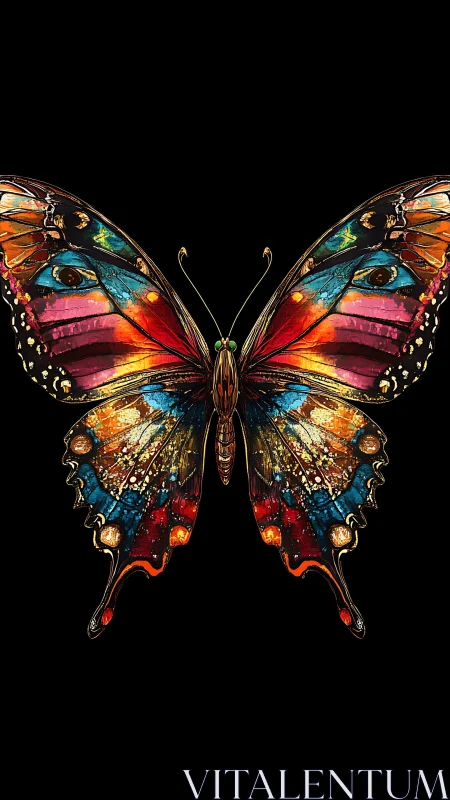 Digital painting of iridescent butterfly with symmetrical neon wings.
