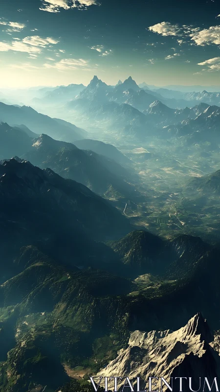 Sunlit alpine ridges in expansive atmospheric perspective.