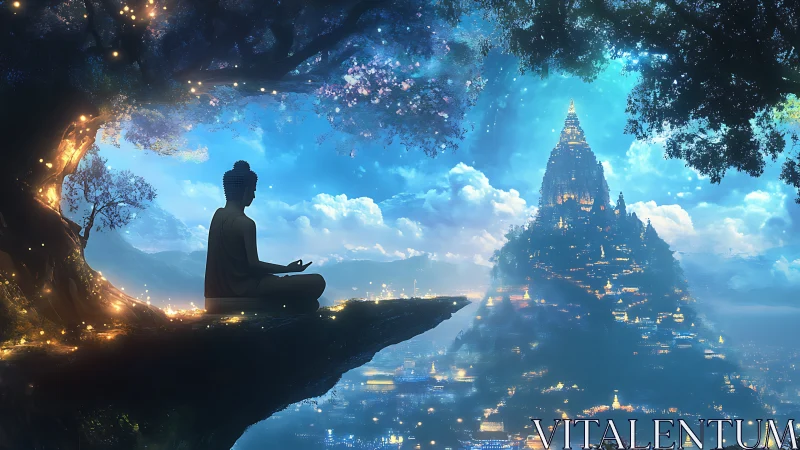 Meditating Buddha Silhouette Overlooking Luminous Mountain Temple.