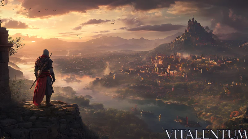 Hooded warrior overlooking vast medieval riverside city.