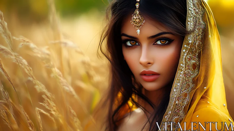 Woman in ornate yellow veil within blurred wheat field.