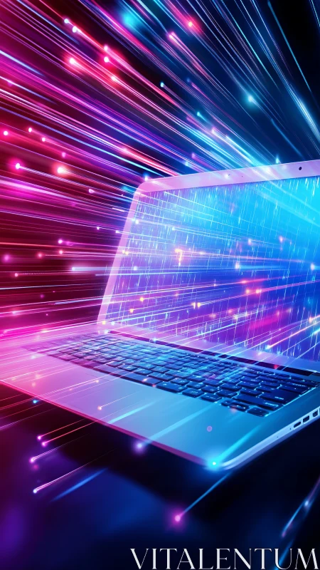 Cyberpunk laptop with neon data streams in dynamic perspective.