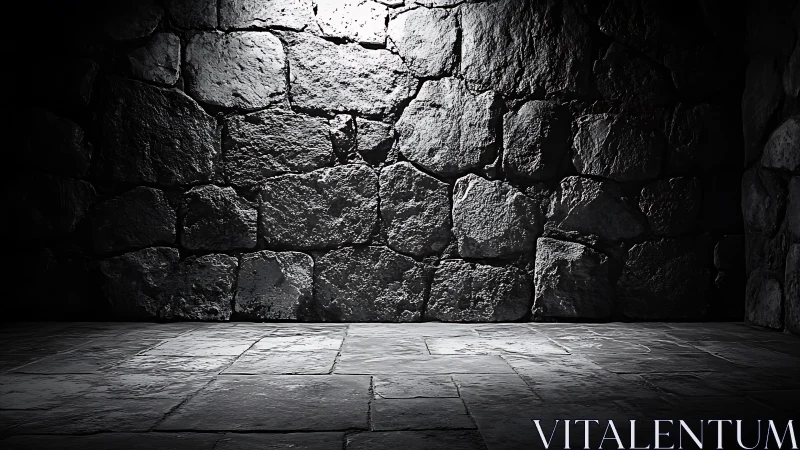 Stone interior wall with overhead light on rough surface.