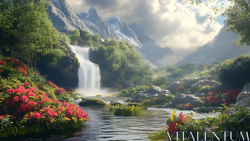 Mountain waterfall hums softly above a riot of wild blooms