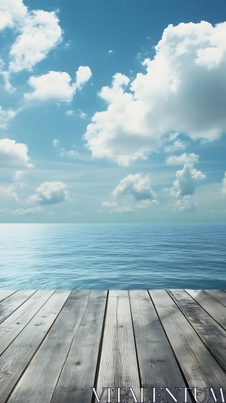 Linear pier perspective facing calm maritime horizon under cumulus.