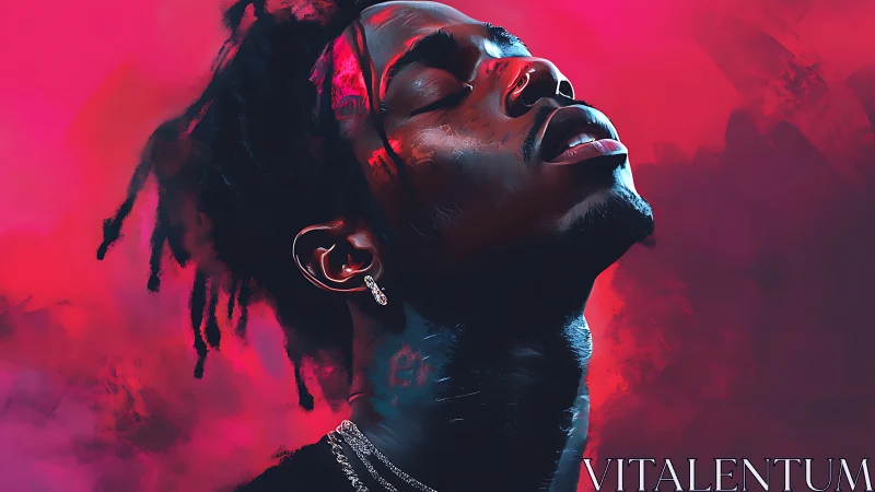 Velvet neon calm around a soulful moment of surrender.