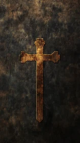 Weathered golden cross against a deep textured dusk wall.