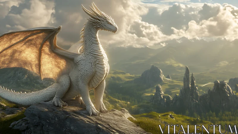 White dragon rendered on rocky cliff above distant valley