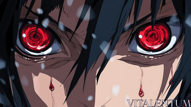 Close-up of red spiral eyes and blood tears in snowfall.