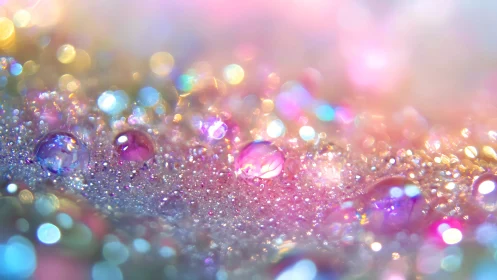 Macro bokeh drops over iridescent glitter surface.