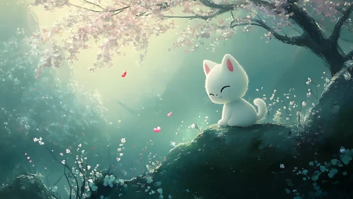 Blossom-dream kitten resting under a misty cherry hush.