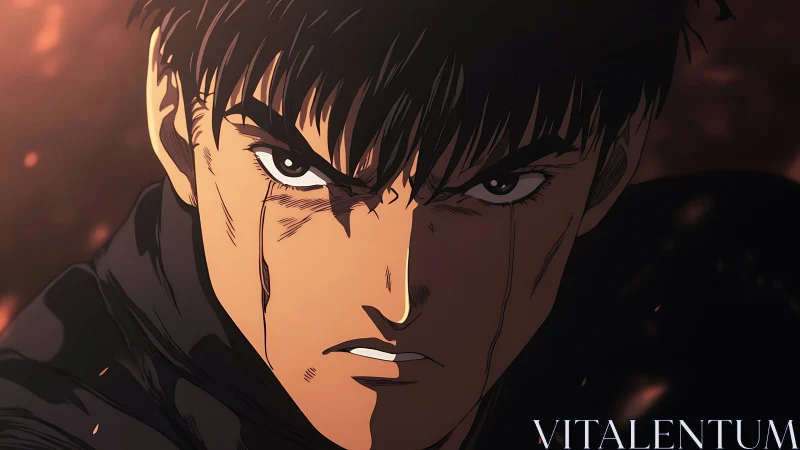 Smoldering warrior close-up under ember-filled shadows.