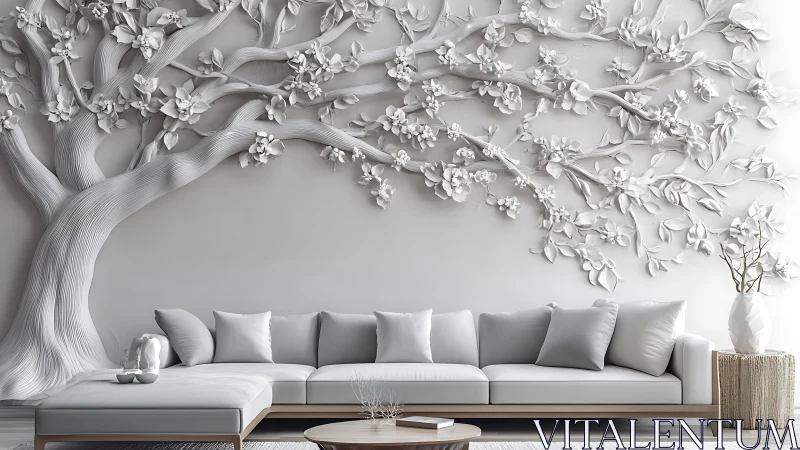 Monochrome living room with sculpted floral tree wall art.